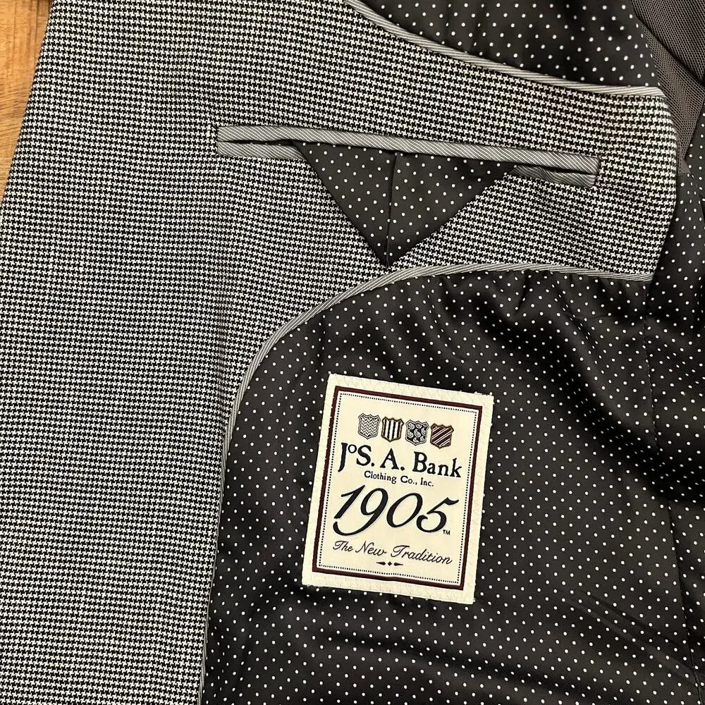 Jos A Bank Linen Cotton Houndstooth Blazer‎ 40L Tailored Fit Elbow Patches Black